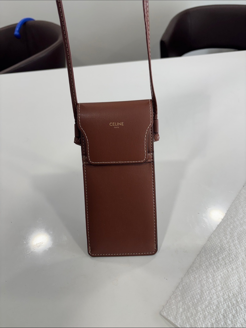 CELINE Brown Leather Vertical Phone Pouch with Gold Logo